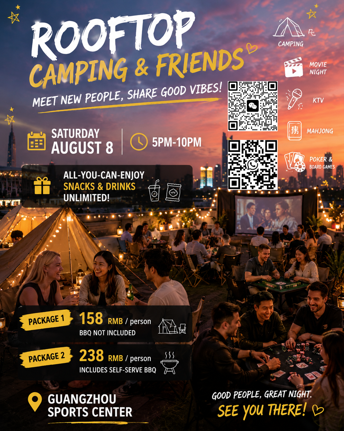🌇 Rooftop Camping Social Night | BBQ Movie KTV